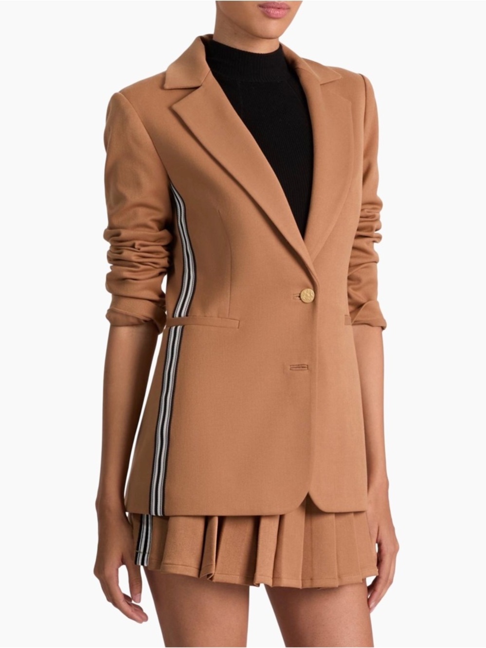 Alice + Olivia Camel Tailored Blazer with Stripe Trim
